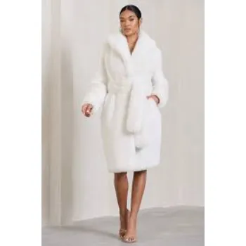Slopeside Cream Long Belted Faux Fur Coat